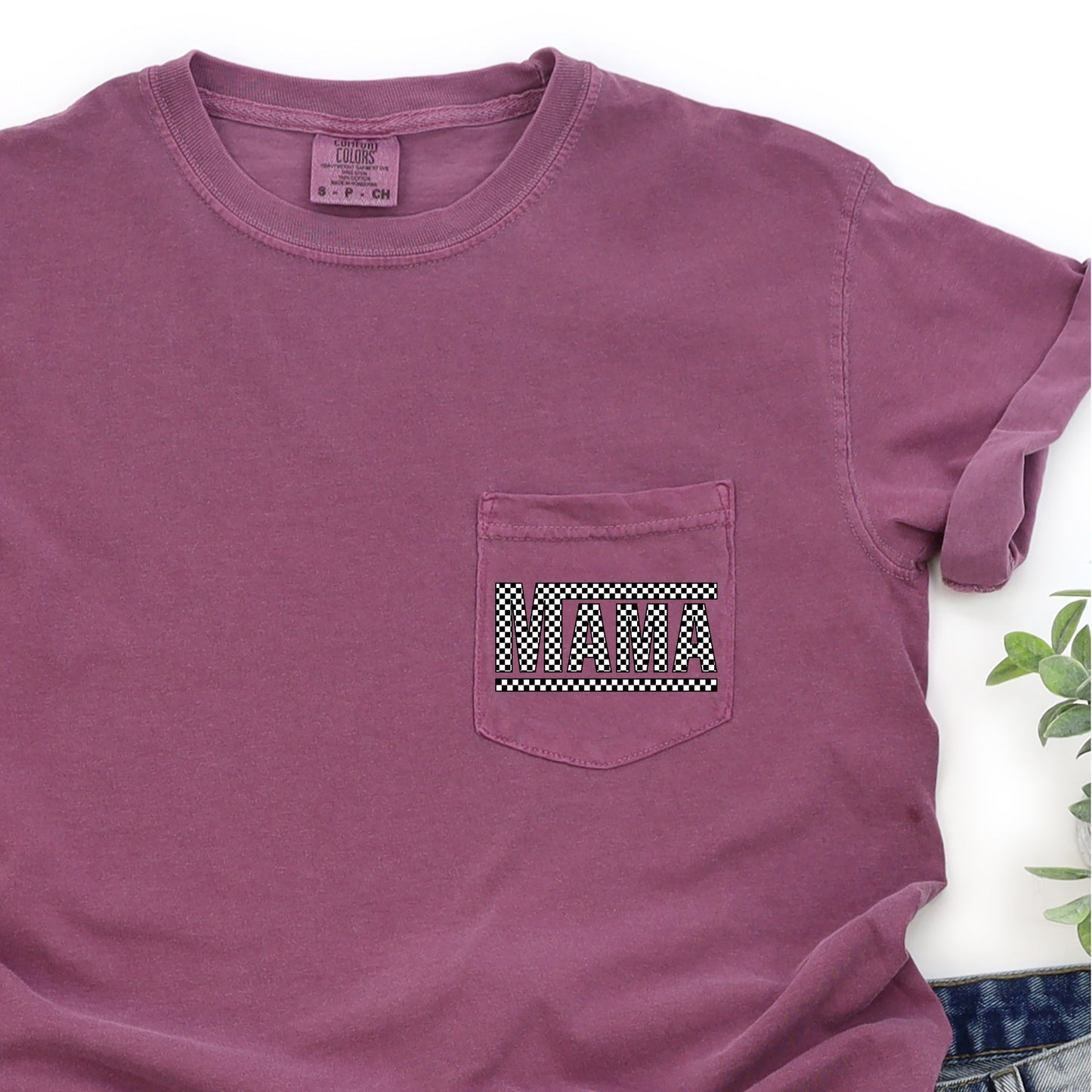 Checkered Mama, Retro Pocket Comfort Colors T-Shirt