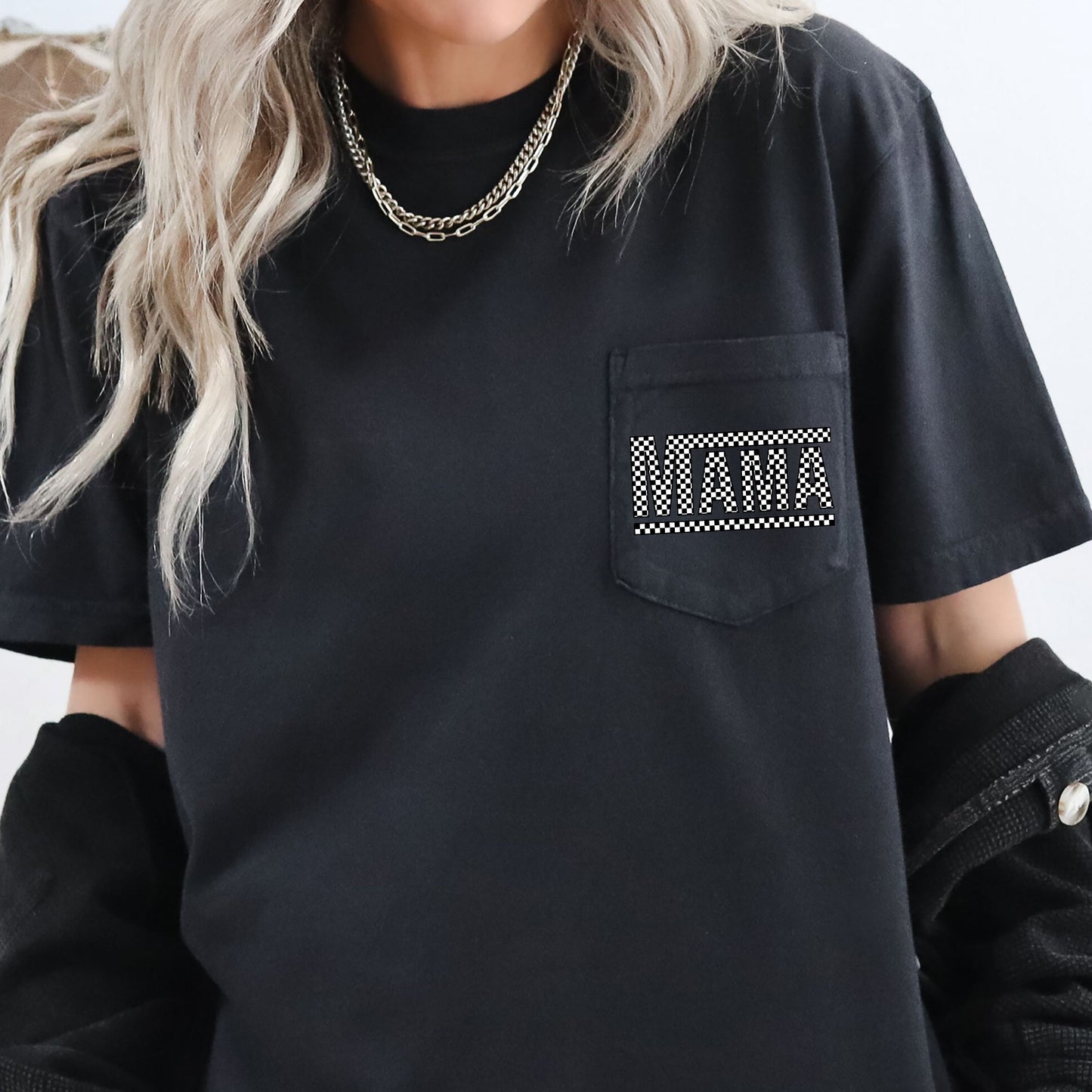 Checkered Mama, Retro Pocket Comfort Colors T-Shirt