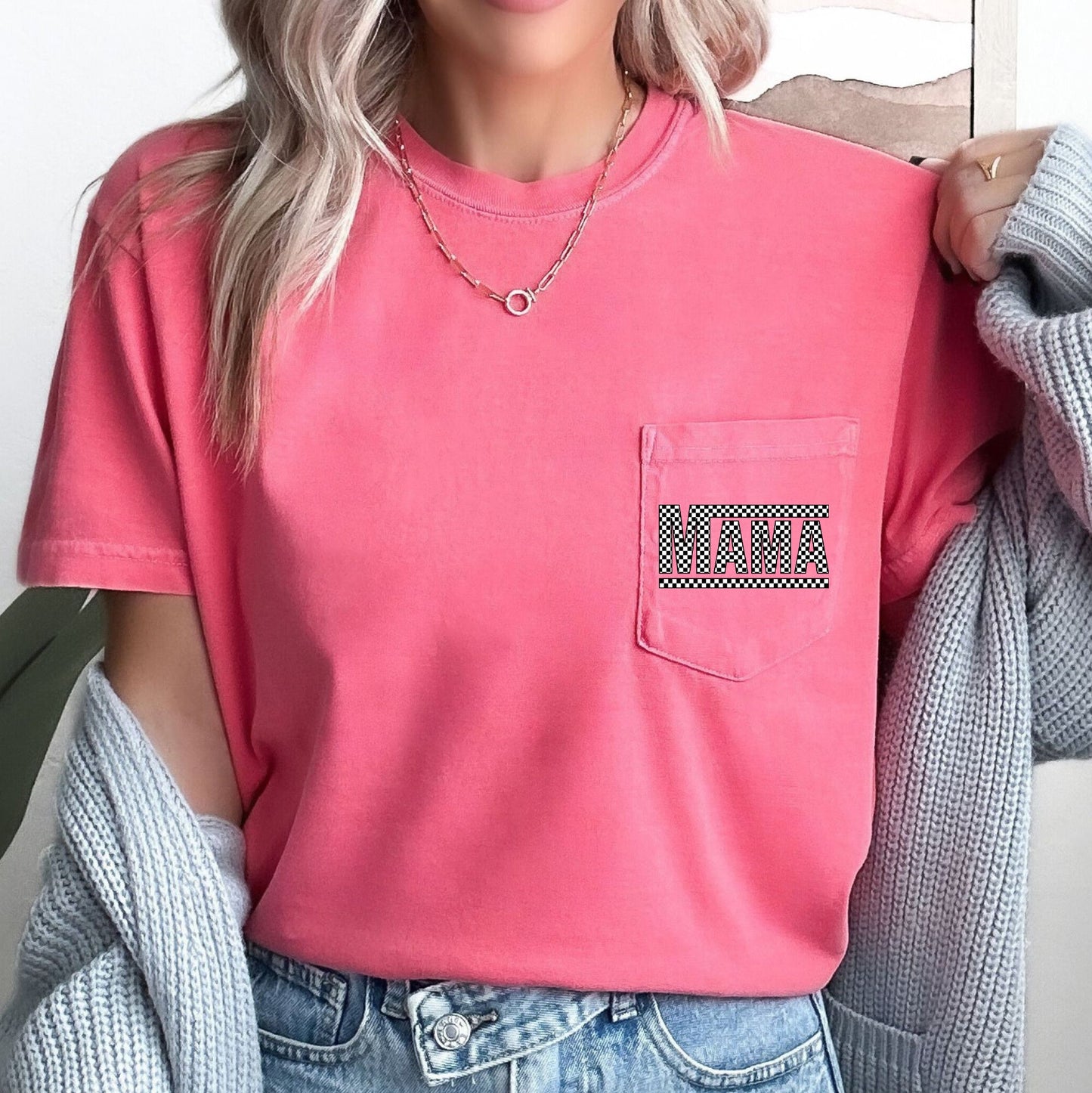 Checkered Mama, Retro Pocket Comfort Colors T-Shirt