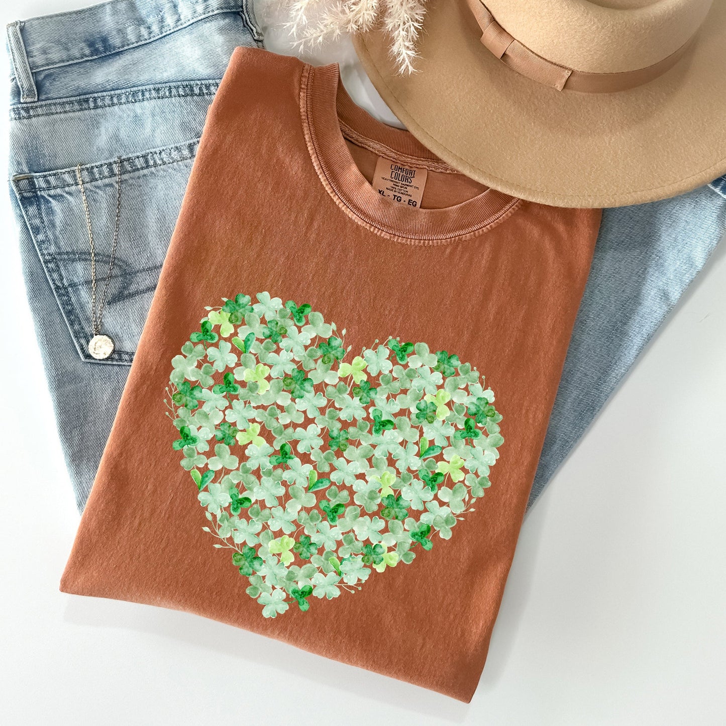 Watercolor Shamrocks Heart Comfort Colors Tshirt