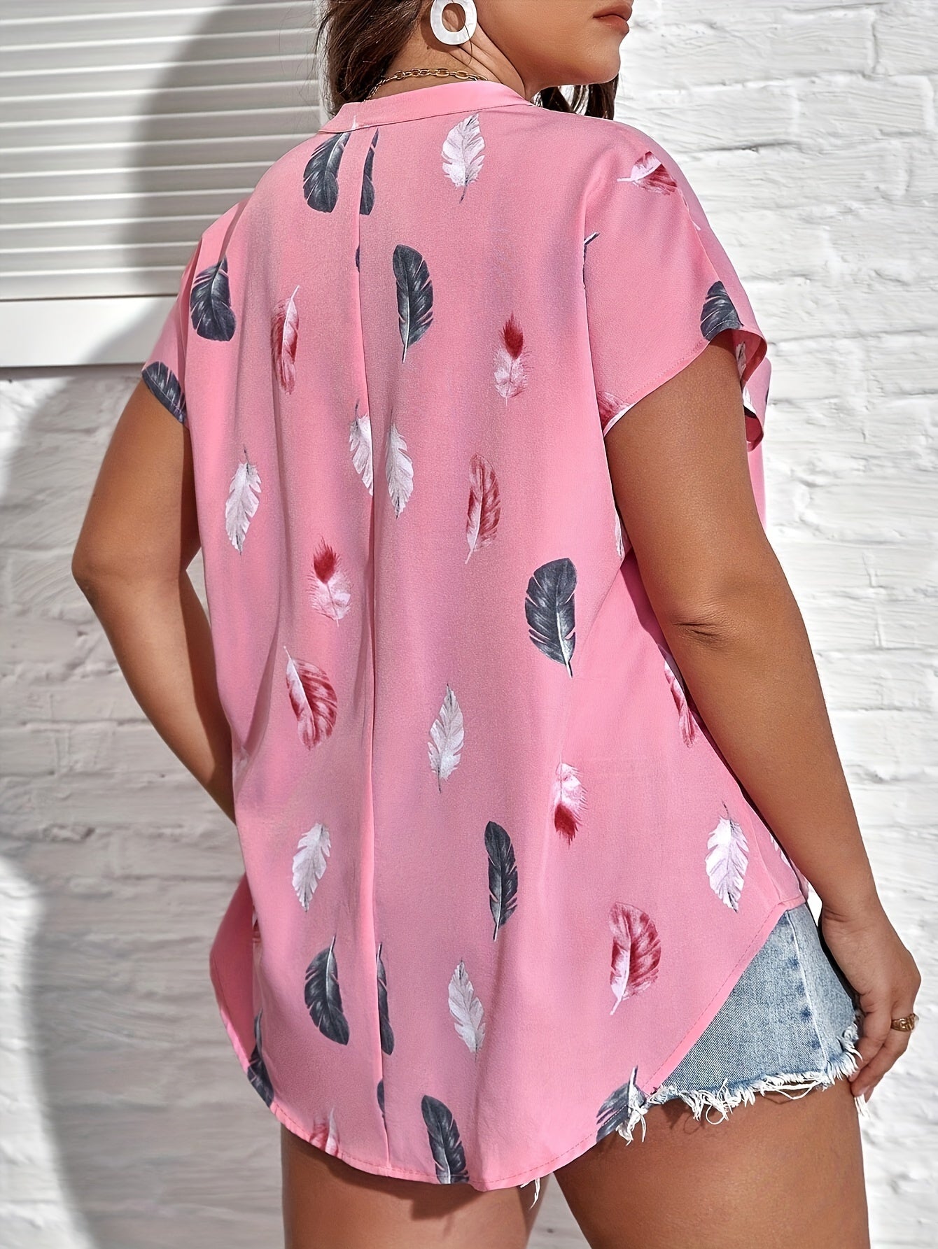 Women's Plus Size Summer Feather Print Blouse