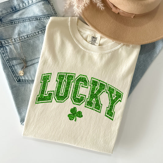 Lucky, Glitter Shamrock Comfort Colors Tshirt
