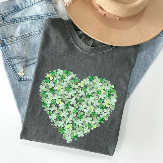 Watercolor Shamrocks Heart Comfort Colors Tshirt