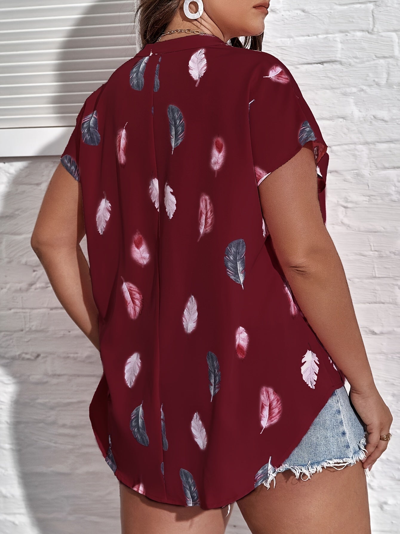 Women's Plus Size Summer Feather Print Blouse